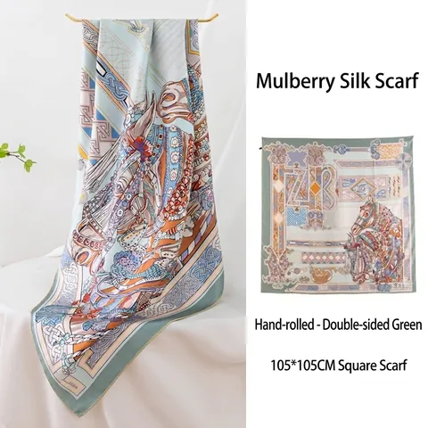 Luxury Mulberry Silk Square Scarf Equestrian Pattern Hand Rolled Edge Double Sided Printed Large Shawl Scarf Women Silk Scarf