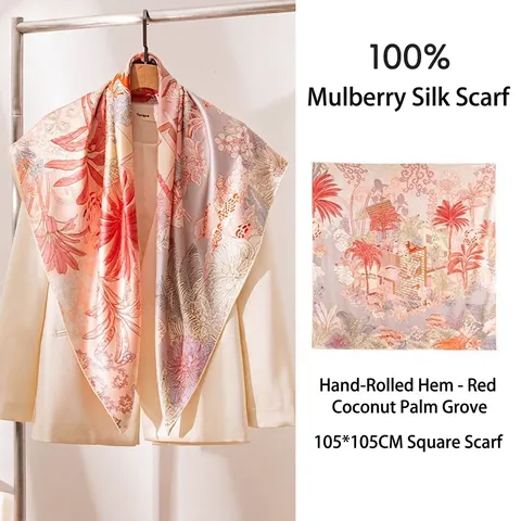 100% Mulberry Silk Scarf For Women Double Sided Printed Large Square Silk Wrap Shawl Hand Rolled Hem Twill Luxury Silk Kerchief