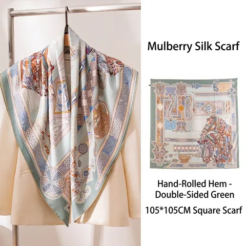 Luxury Mulberry Silk Square Scarf Equestrian Pattern Hand Rolled Edge Double Sided Printed Large Shawl Scarf Women Silk Scarf