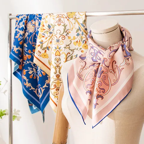 Luxury 100% Mulberry Silk Square Scarf Hand-Rolled Edge Double-Sided Baroque Floral Printed Twill Silk Scarf For Women