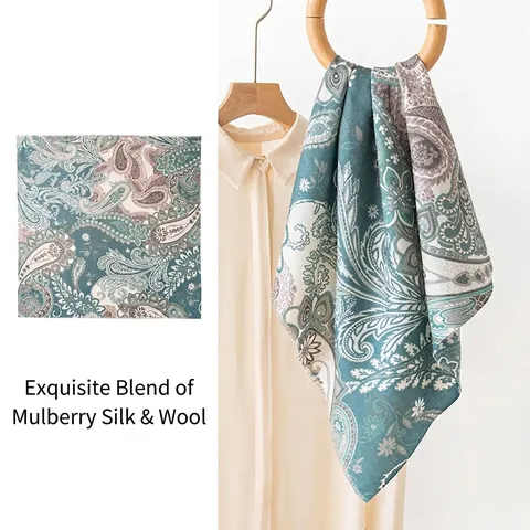 Elegant Mulberry Silk Wool Twill Paisley Square Scarf For Women Vintage Floral Animal Print Lightweight Spring Summer Wrap