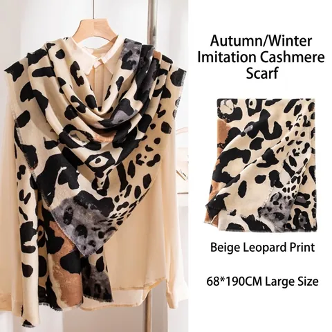 Women's Leopard Print Scarf Large Shawl Imitation Cashmere Tassel Scarf Warm Winter Printed Pashmina For Ladies Daily Outdoor