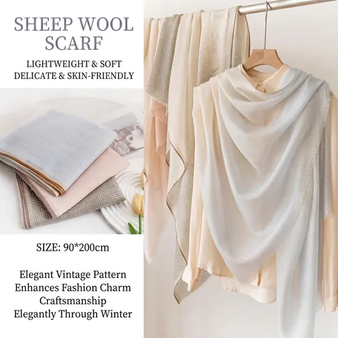 Elegant 100% Wool Jacquard Gradient Scarf For Women Light Luxury Thin Shawl Spring Summer Long Wrap With Fringed Edges