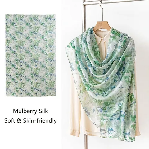 Sciarpa Lunga da Donna in Seta di Gelso Stampa Floreale Estate Sottile Verde Boho Avvolgente Sciarpa di Seta per Viaggio