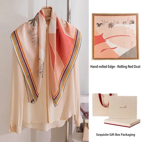 Luxury 100% Mulberry Silk Scarf Hand-rolled Hem Square Scarf Artistic Floral Print Silk Shawl Gift Box For Women