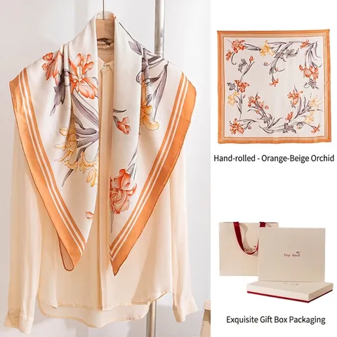 Elegant Mulberry Silk Square Scarf For Women Vintage Floral Camellia Print Hand Rolled Edge Luxury Silk Scarf Gift Box Set