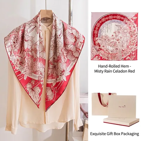 Luxury Mulberry Silk Square Scarf Hand-Rolled Hand-Finished Edge Floral Print Vintage Silk Scarf For Women Accessories