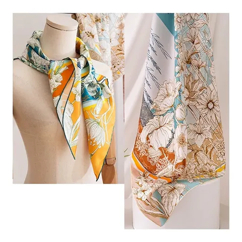Luxury Mulberry Silk Square Scarf Hand-Rolled Hand-Finished Edge Floral Print Vintage Silk Scarf For Women Accessories