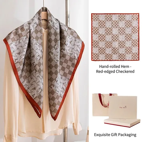 Elegant Italian Style 100% Mulberry Silk Square Scarf Hand Rolled Edge Checkerboard Printed Fashion Wrap For Women Luxury Gift