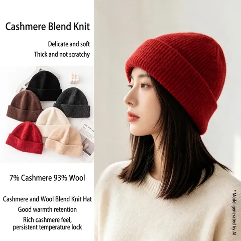 Wool Cashmere Knitted Beanie Men Women Winter Warm Thickened Cuffed Ribbed Skull Cap Outdoor Cycling Ear Protection Hat
