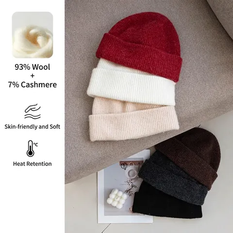 Wool Cashmere Knitted Beanie Men Women Winter Warm Thickened Cuffed Ribbed Skull Cap Outdoor Cycling Ear Protection Hat
