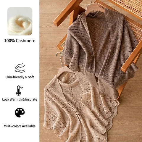 Chal Triangular de Cachemira Pura 100% para Mujer Envoltura de Punto Calado Francés Pashmina Cálida Delgada Ligera para Otoño Invierno