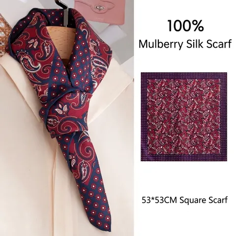 High Quality 100% Mulberry Silk Paisley Square Scarf Hand Rolled Edge Vintage Neck Kerchief For Women Men Small Scarf