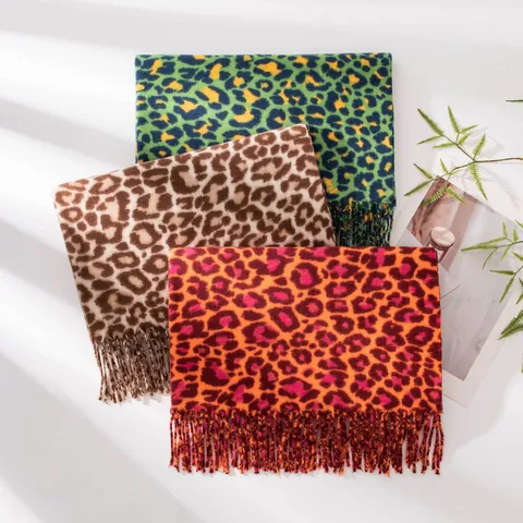 Fashion Leopard Print Scarf For Women Soft Faux Cashmere Shawl Wrap With Tassels Warm Printed Winter Neck Warmer Vintage Pashmina