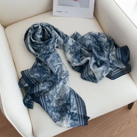 Women Mulberry Silk Scarf Toile de Jouy Print Long Rectangular Shawl French Artistic Vintage Landscape Sunscreen Silk Wrap