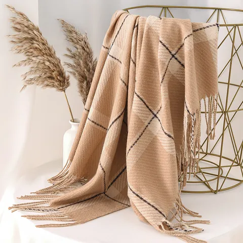 Women's Thickened Winter Plaid Scarf Tassel Fringe Soft Polyester Large Shawl Wrap Retro Tartan Warm Pashmina For Cold Weather