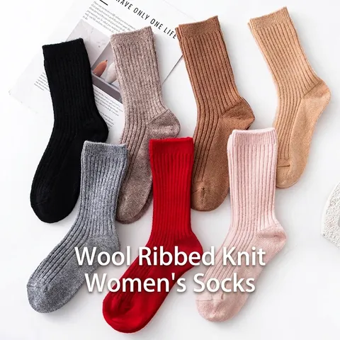 Women's Thickened Wool Crew Socks Autumn Winter Warm Ribbed Knit Mid-Tube Socks Solid Color Casual Home Thermal Socks