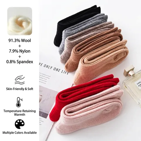 Women's Thickened Wool Crew Socks Autumn Winter Warm Ribbed Knit Mid-Tube Socks Solid Color Casual Home Thermal Socks
