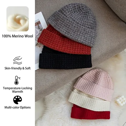 Gorro de Punto de Gofre Estilo Coreano 100% Lana Cálido Elástico Gorro de Invierno para Mujeres Hombres Color Sólido Gorro con Dobladillo de Moda