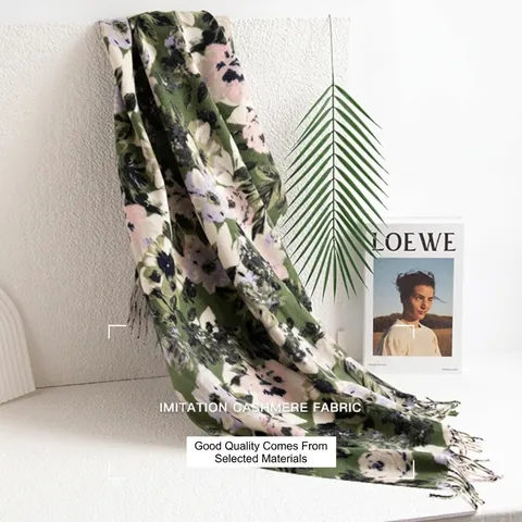 Sciarpa Donna Imitazione Cashmere Stampa Floreale Vintage Verde Scuro Caldo Scialle Grande con Nappine Morbido Poliestere Invernale