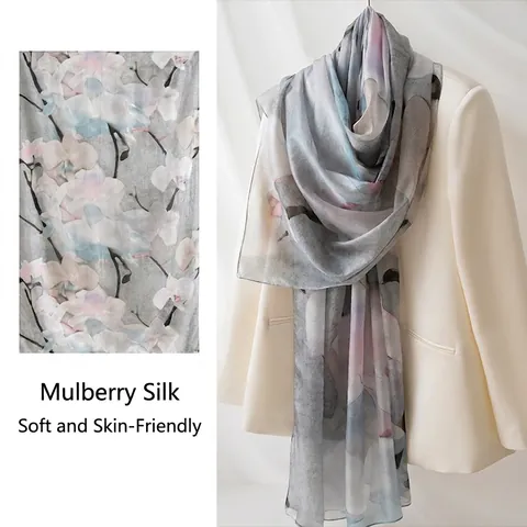 Women Mulberry Silk Scarf Long Shawl Ink Magnolia Print Elegant Lightweight Soft Silk Wrap For Vacation Daily Accessory
