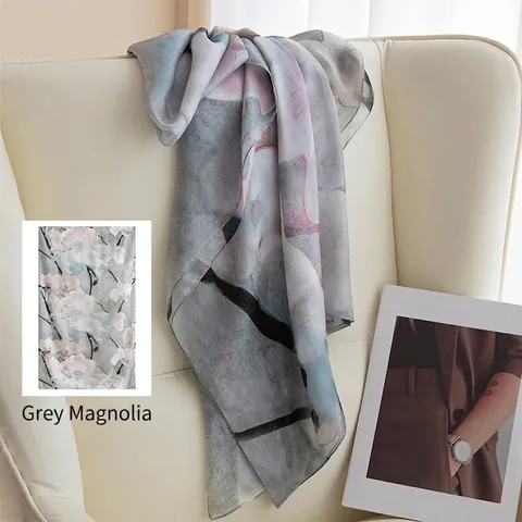 Women Mulberry Silk Scarf Long Shawl Ink Magnolia Print Elegant Lightweight Soft Silk Wrap For Vacation Daily Accessory