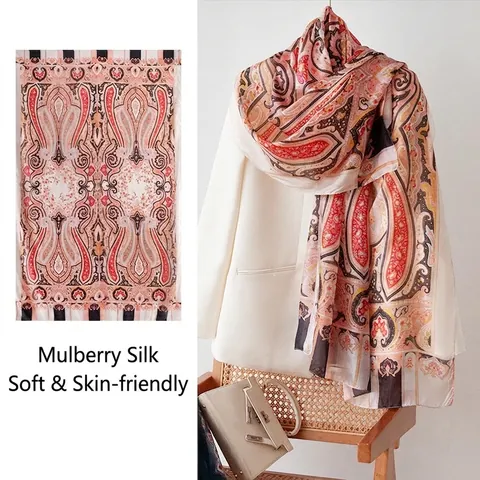 Luxury Mulberry Silk Scarf For Women Bohemian Paisley Print Large Shawl Lightweight Beach Vacation Silk Scarf Accessories