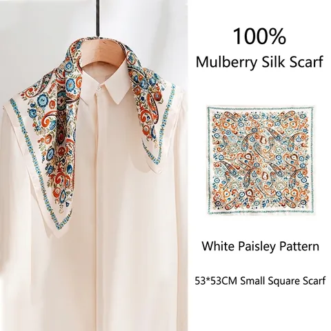 Pañuelo Cuadrado de Seda de Mora 100% Estilo Francés 53x53cm Estampado Paisley Vintage Elegante Bufanda de Seda para Mujer