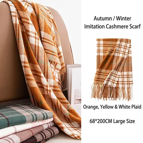 Women's Plaid Imitation Cashmere Scarf Warm Long Tassel Shawl Vintage Tartan Neck Wrap For Autumn Winter Fashion Accessories