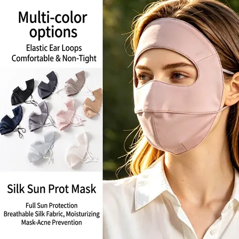 Women 3D Mulberry Silk Sunscreen Mask UV Protection Breathable Full Face Cover Facekini for Outdoor Summer Sunshade