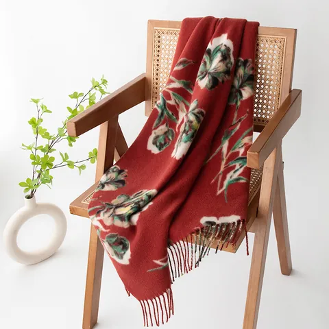 Bufanda de Imitación de Cachemira para Mujer Mezcla de Algodón Poliéster Estampado Floral Rojo Vino Chal Con Borlas Invierno