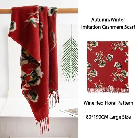 Bufanda de Imitación de Cachemira para Mujer Mezcla de Algodón Poliéster Estampado Floral Rojo Vino Chal Con Borlas Invierno