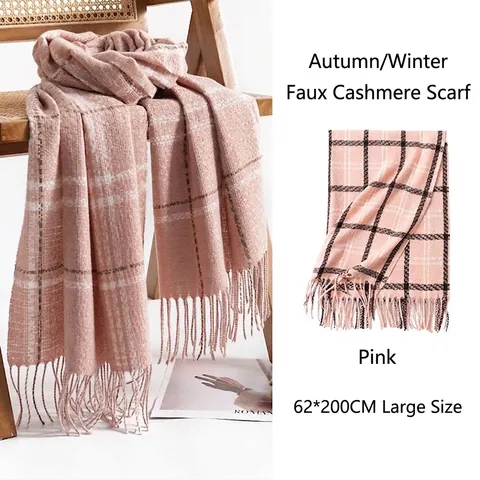 Women Faux Cashmere Plaid Scarf Winter Warm Thickened Tassel Scarf Korean Style Tartan Printed Soft Polyester Long Shawl For Daily Casual Wear