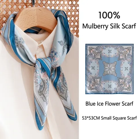 Women Luxury 100% Mulberry Silk Square Scarf Elegant Vintage Floral Paisley Printed Small Neck Scarf Fashion Wrap