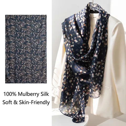 Elegant Mulberry Silk Scarf Long Floral Print Shawl For Women Lightweight Sun Protection Luxury Silk Wrap For Travel Party