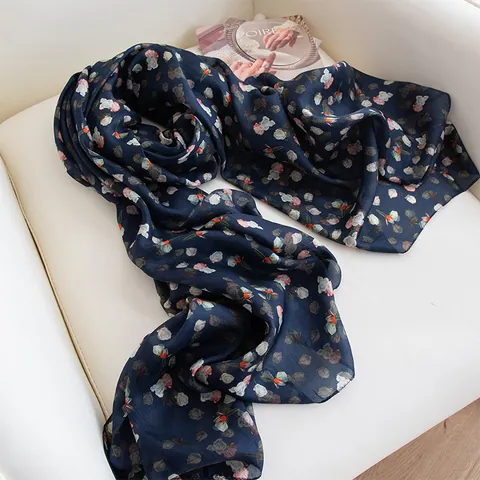 Elegant Mulberry Silk Scarf Long Floral Print Shawl For Women Lightweight Sun Protection Luxury Silk Wrap For Travel Party