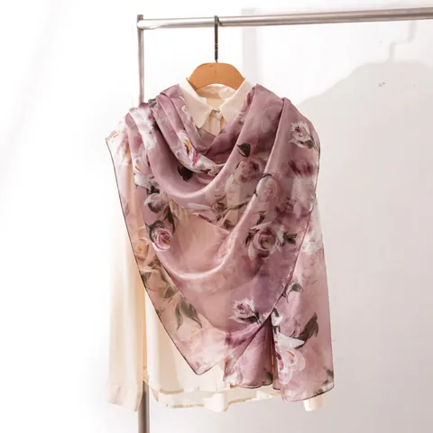 Bufanda de Seda de Morera para Mujer Elegante Estampado Floral Chal Largo Bufanda Ligera de Cuello Diario
