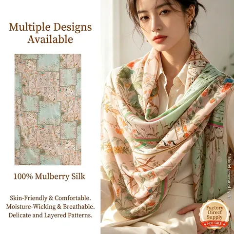 Women Mulberry Silk Scarf Long Sunscreen Shawl Vintage Oil Painting Floral Print Scarf Elegant Twill Silk Shawl For Women