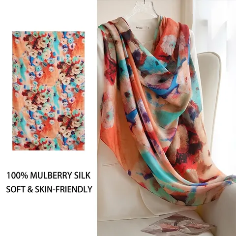 Vintage Oil Painting Mulberry Silk Scarf For Women Retro Floral Print Large Beach Towel Shawl Fashion Neck Scarf Accessory