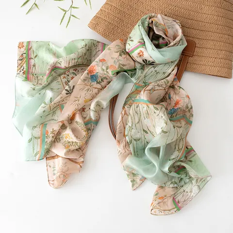 Women Mulberry Silk Scarf Long Sunscreen Shawl Vintage Oil Painting Floral Print Scarf Elegant Twill Silk Shawl For Women