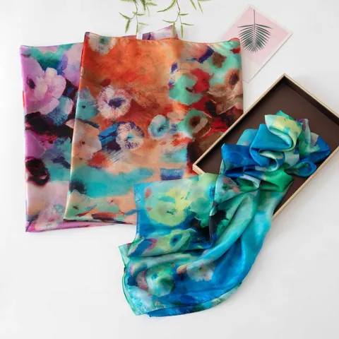Vintage Oil Painting Mulberry Silk Scarf For Women Retro Floral Print Large Beach Towel Shawl Fashion Neck Scarf Accessory