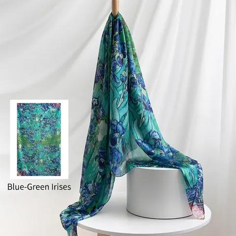 100% Mulberry Silk Scarf Van Gogh Iris Print Long Thin Silk Shawl For Women Artistic Vintage Blue Green Neck Wrap Scarf