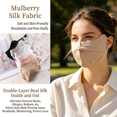 100% Mulberry Silk Sun Protection Mask Double Layer 3D Breathable Eye Corner Protection Washable Reusable Face Mask