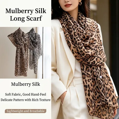 Women's Mulberry Silk Leopard Print Long Scarf Fashion Lightweight Breathable Gauze Scarf Travel Shawl Retro Accessories