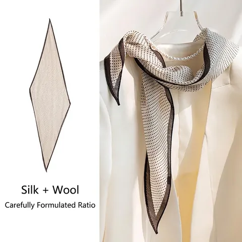 Women's Mulberry Silk Wool Blend Scarf Fashion Long Skinny Twilly Scarf Elegant Printed Polka Dot Stripe Leopard Neck Scarf