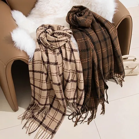 Women Korean Style Faux Cashmere Plaid Scarf Winter Thickened Warm Long Checkered Wrap With Tassels Soft Fashion Neck Scarf