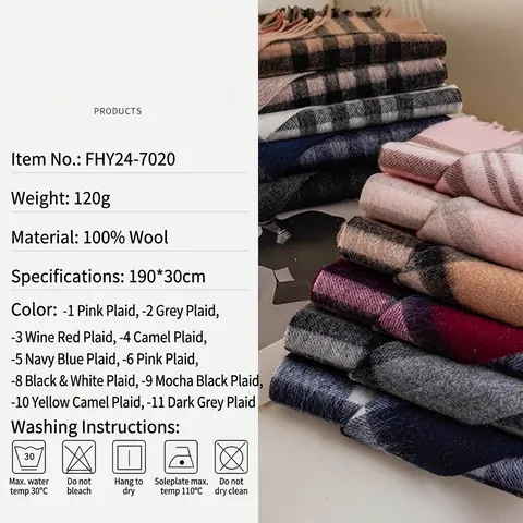 Women's 100% Wool Plaid Scarf Autumn Winter Warm Thickened Printed Checkered Shawl With Tassels Classic Fashion Wrap Scarf