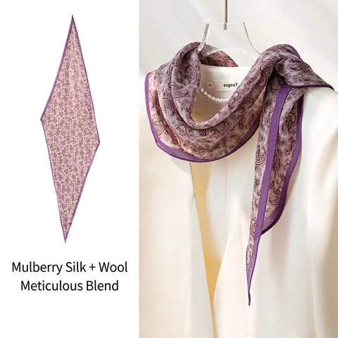 Mulberry Silk Wool Blend Long Narrow Scarf For Women Vintage Paisley Printed Twilly Skinny Scarf Elegant Hair Ribbon Neck Scarf