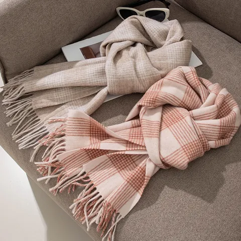 Vrouwen Zoete Koreaanse Stijl 100% Wol Plaid Sjaal Winter Warme Geruite Sjaal Met Franjes Zachte Mode Nekwarmer Omslagdoek