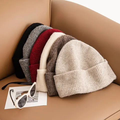 Women 100% Cow Hair Knitted Beanie Hat Winter Chunky Ribbed Knit Warm Skull Cap Slouchy Ear Protection Hat Solid Color